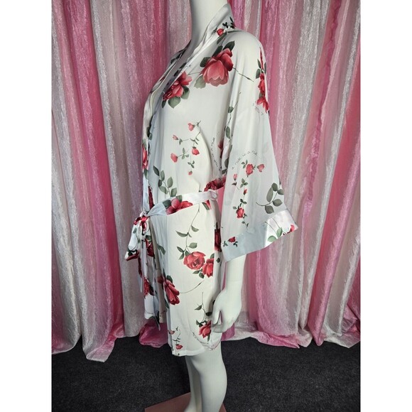 Sophia by Delicates  Kimono Short Rose Floral Semi Sheer Robe Size Medium - Picture 7 of 12